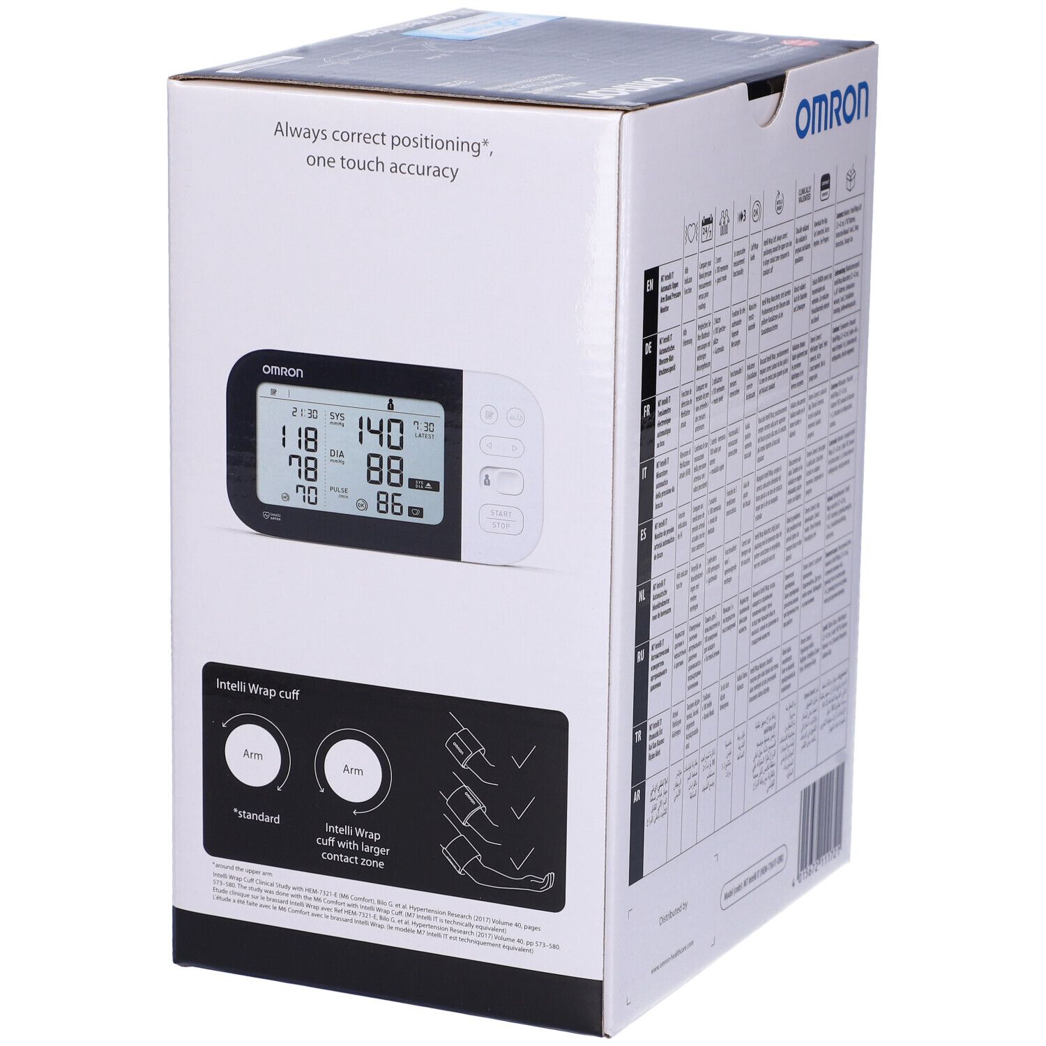 Confezione Omron M7 Intelli IT. Apparecchio con display e bracciale. Testo: Always correct positioning, one touch accuracy.