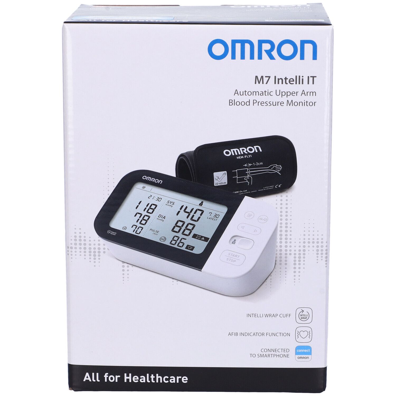 Misuratore di pressione Omron M7 Intelli IT in confezione. Apparecchio, bracciale e display visibili. Testo: All for Healthcare.