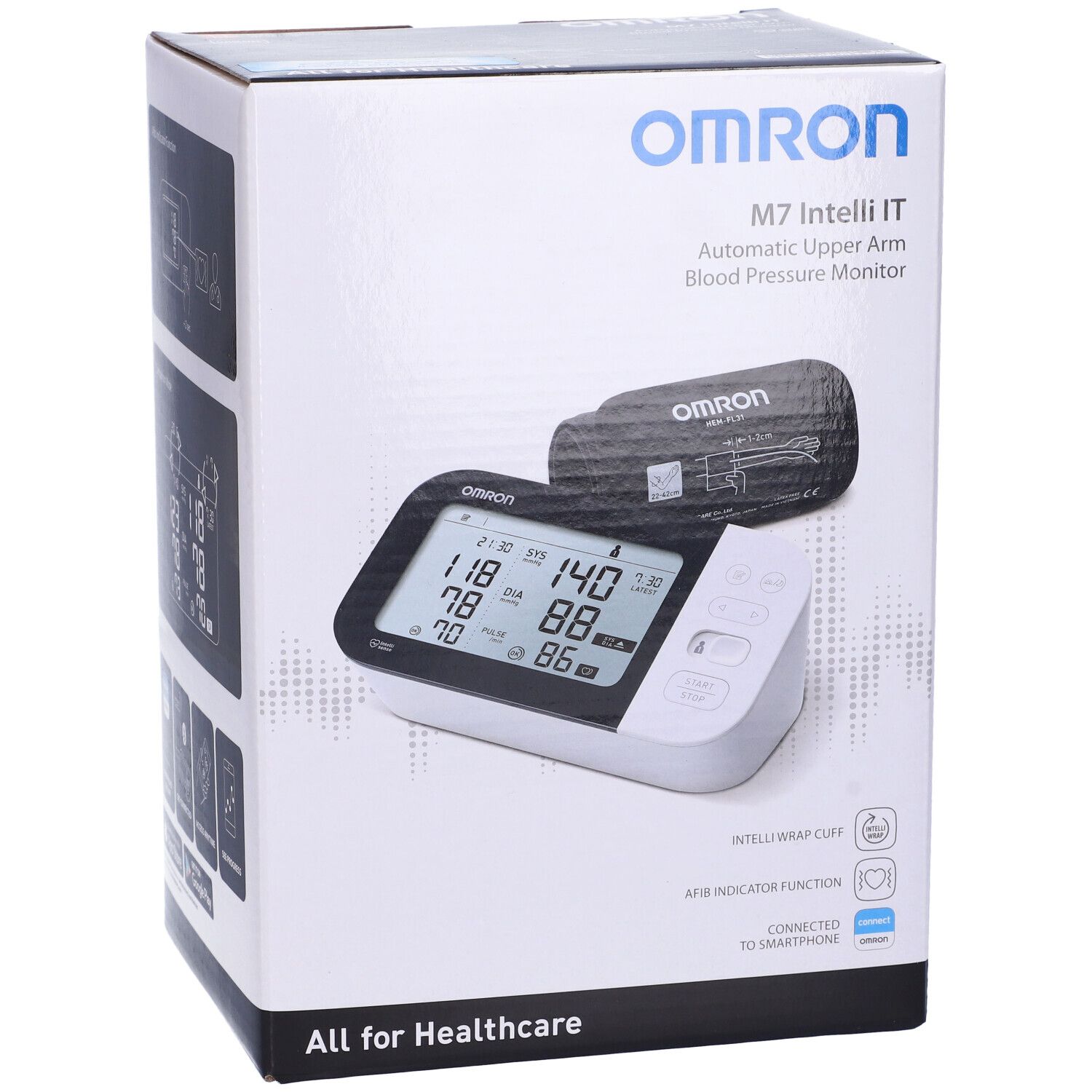 Misuratore di pressione Omron M7 Intelli IT in confezione. Apparecchio, bracciale e display visibili. Testo: All for Healthcare.
