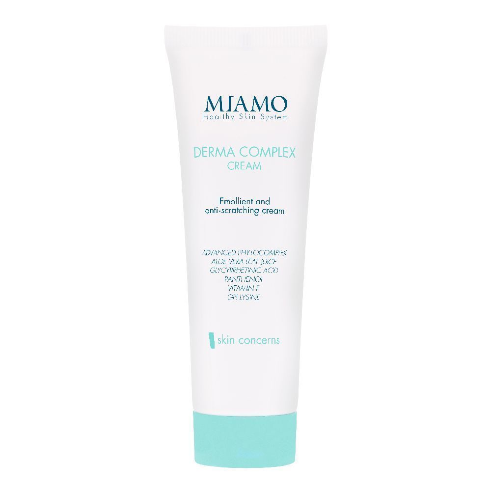 Tubo bianco con tappo blu. Scritta: MIAMO, Derma Complex Cream. Testo: Emollient and anti-scratching cream.