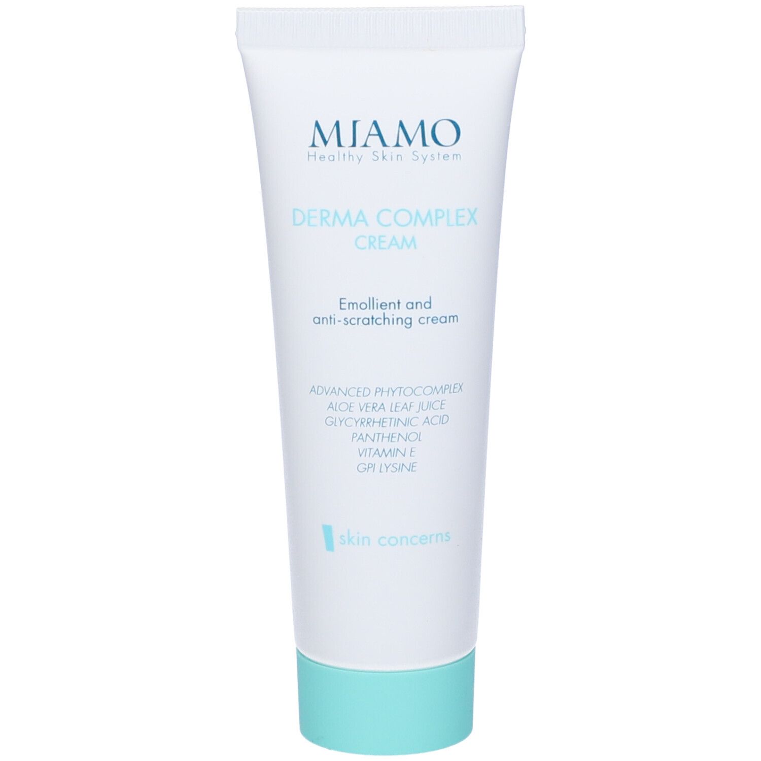 Tubo bianco con tappo blu. Scritta: MIAMO, Derma Complex Cream. Testo: Emollient and anti-scratching cream.