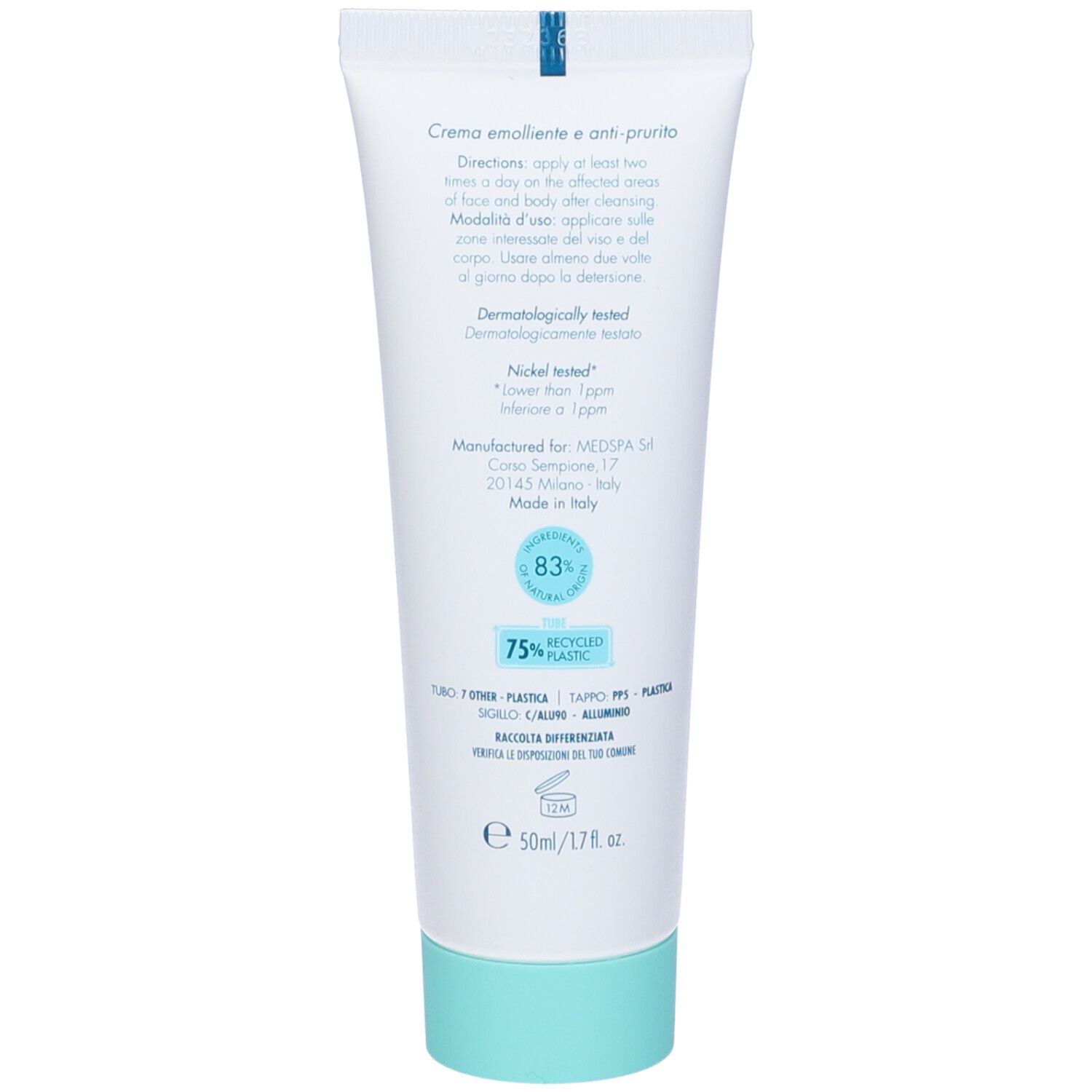 Retro del tubo. Testo: Crema emolliente e anti-prurito. Ingredienti, informazioni produttore, indicazione riciclo.