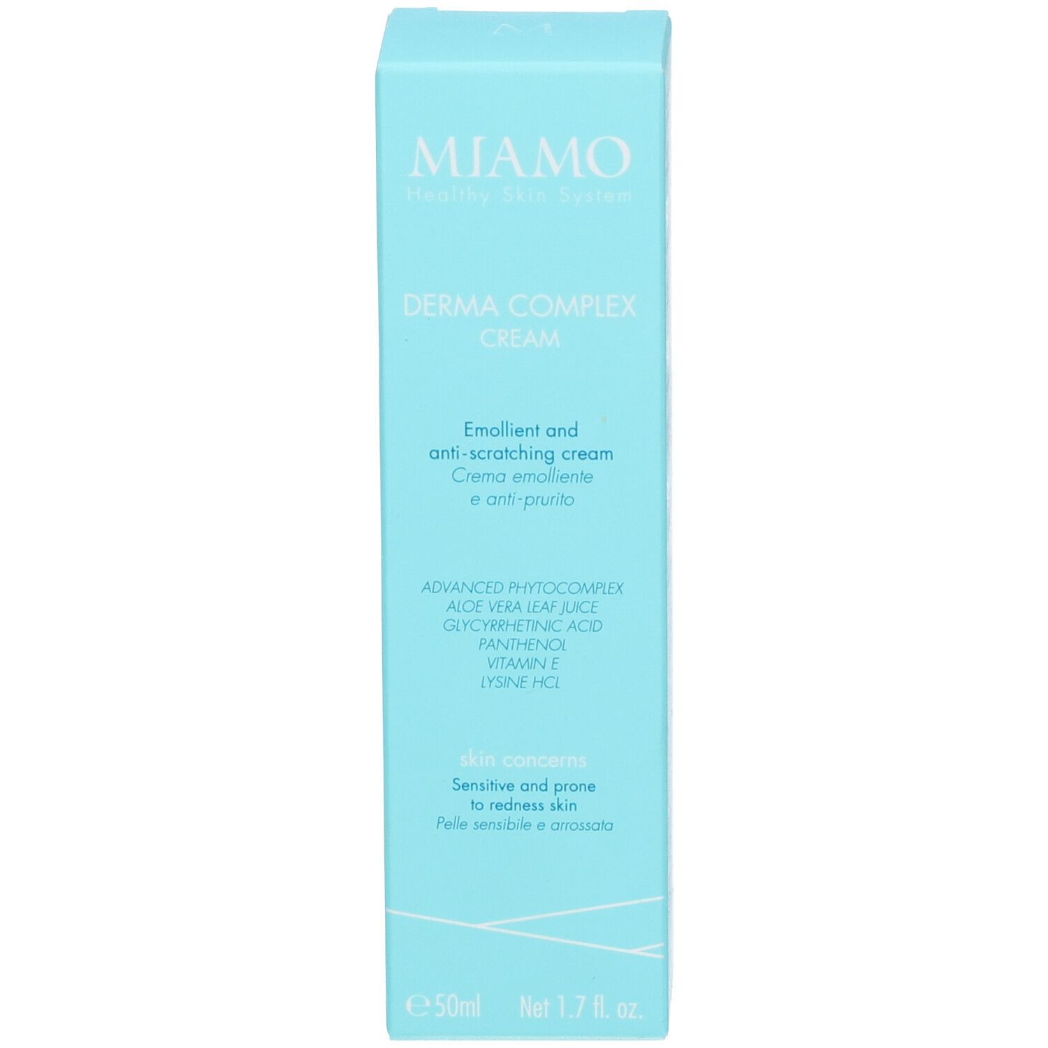 Scatola blu. Scritta: MIAMO, Derma Complex Cream. Testo: Emollient and anti-scratching cream. Testo: skin concerns.