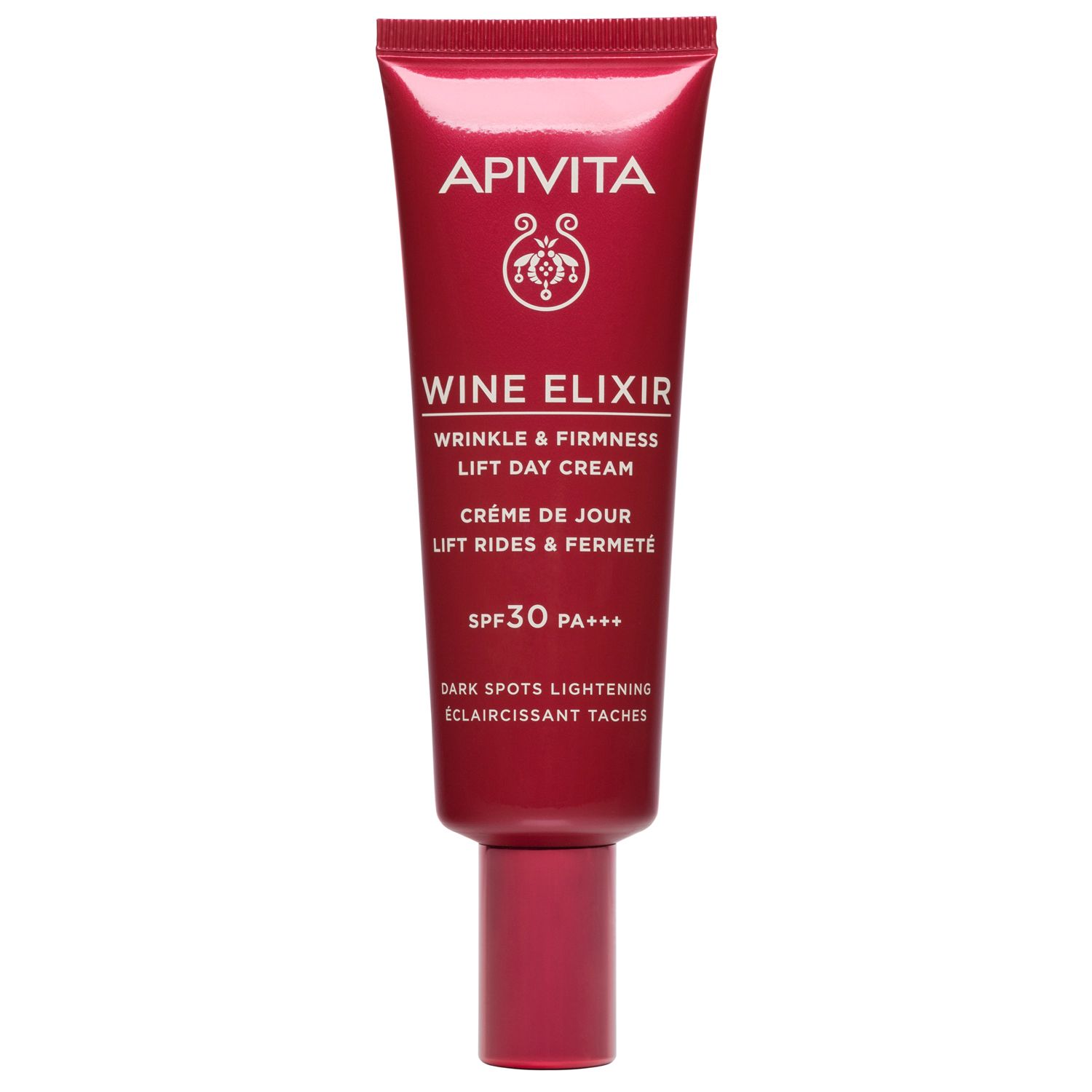 Tubo rosso con testo bianco. Scritta: APIVITA, WINE ELIXIR, Crema giorno lift rides SPF 30. Per rughe e compattezza.