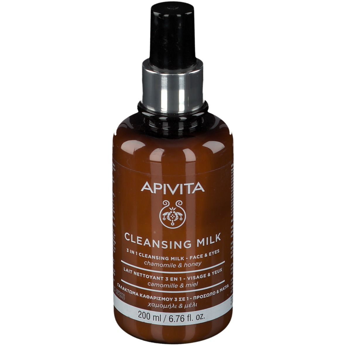 Flacone marrone con erogatore nero. Scritta: APIVITA CLEANSING MILK. 200 ml.