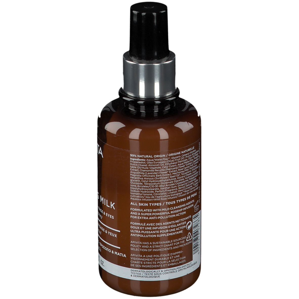 Retro del flacone APIVITA CLEANSING MILK. Informazioni testuali e ingredienti.