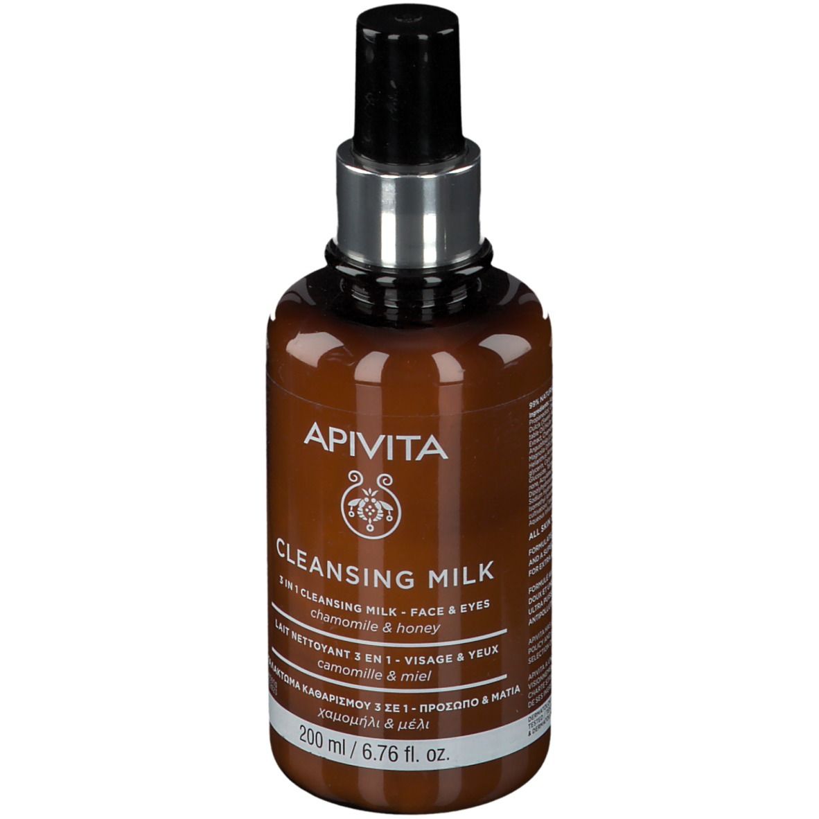 Flacone marrone con erogatore nero. Scritta: APIVITA CLEANSING MILK. 200 ml.