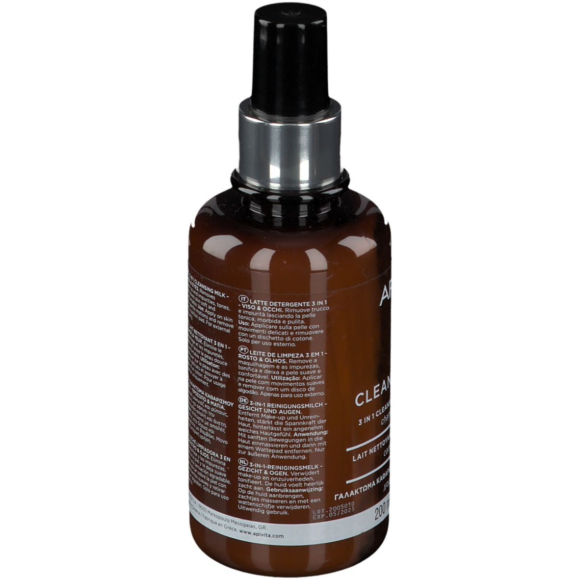 Retro del flacone APIVITA CLEANSING MILK. Informazioni testuali e ingredienti.
