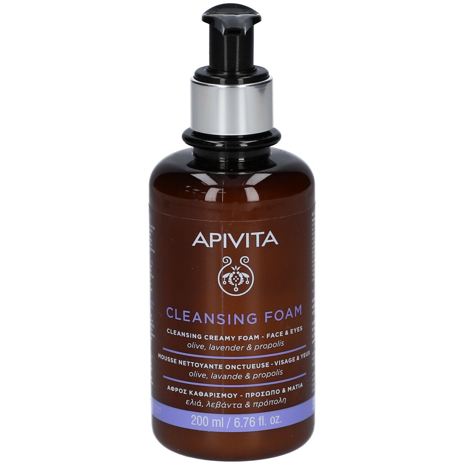 Flacone marrone con dosatore nero. Scritta APIVITA, Cleansing Foam. Testo multilingue.