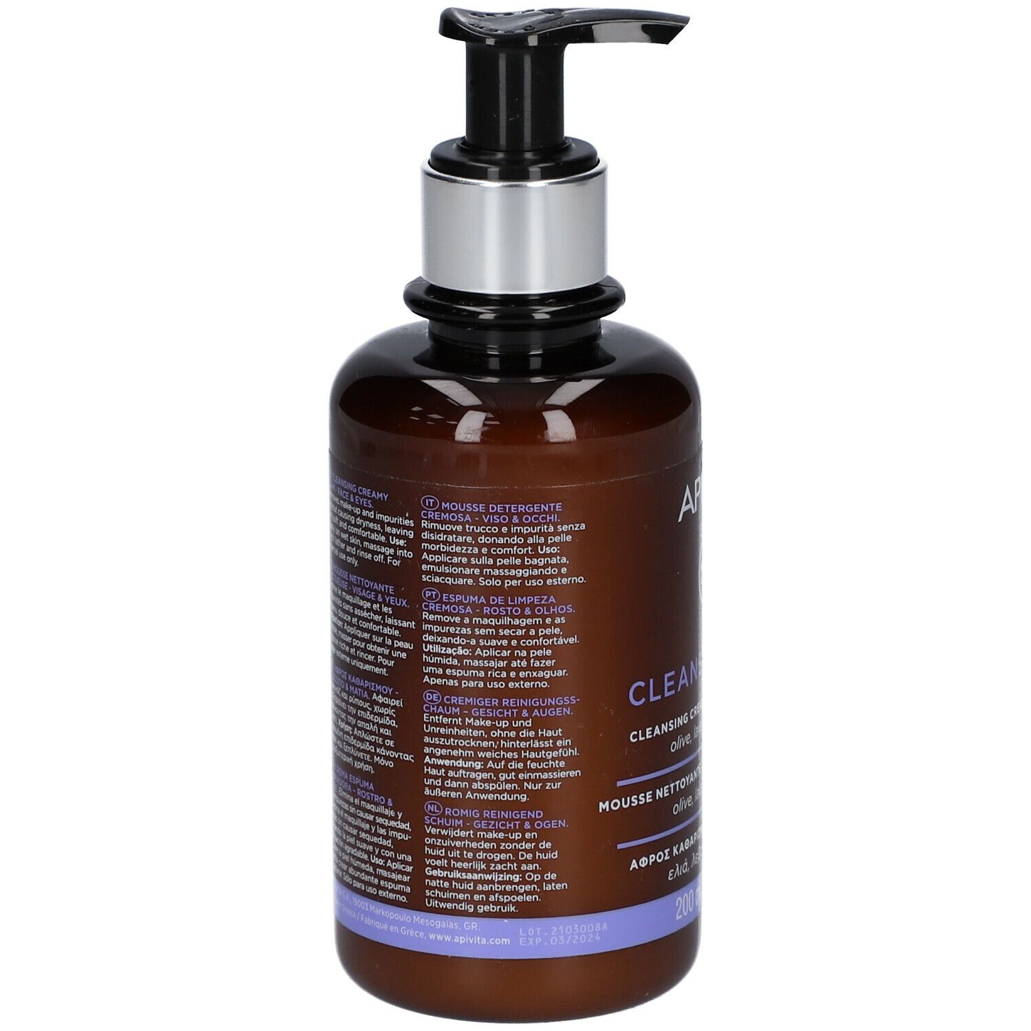 Retro del flacone. Testo: APIVITA, Cleansing Foam. Testo multilingue.