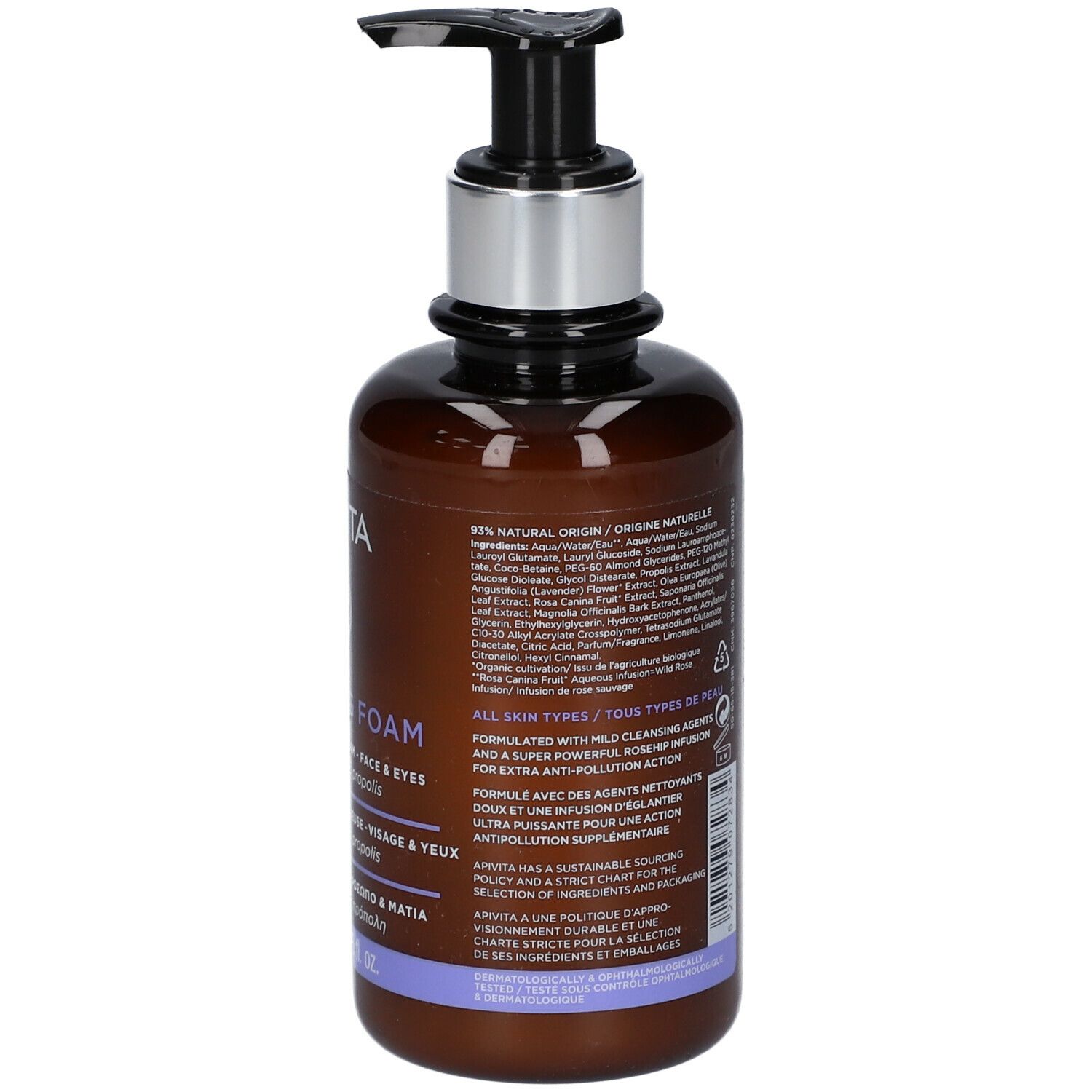 Retro del flacone. Testo: APIVITA, Cleansing Foam. Testo multilingue.