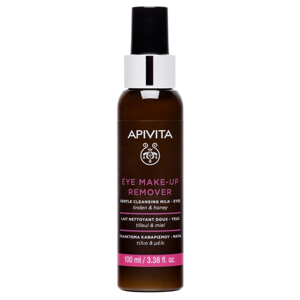 APIVITA Eye Make-up Remover. Flacone marrone, tappo nero. Testo: Gentle Cleansing Milk - Eyes. 100 ml.