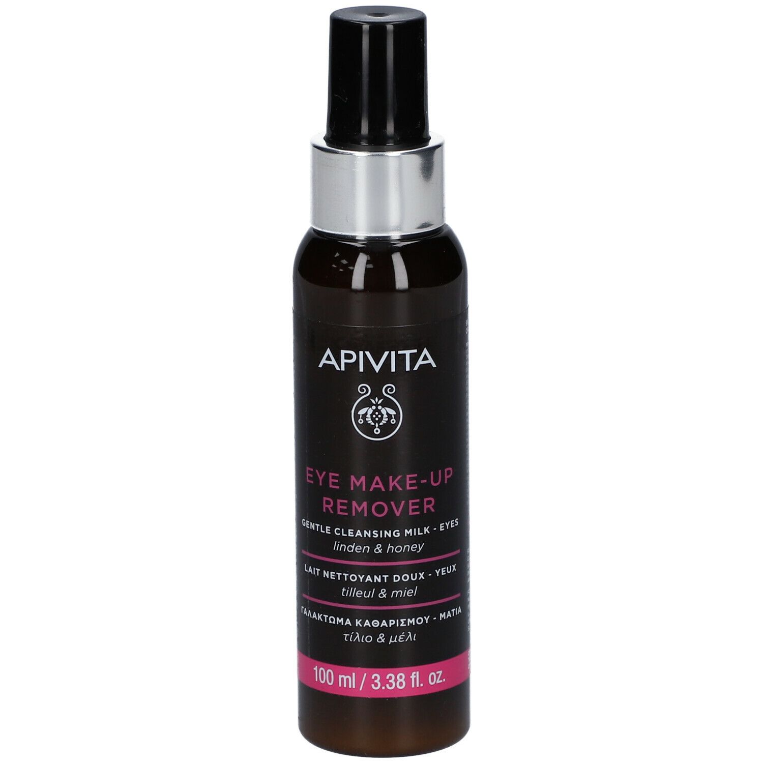 APIVITA Eye Make-up Remover. Flacone marrone, tappo nero. Testo: Gentle Cleansing Milk - Eyes. 100 ml.