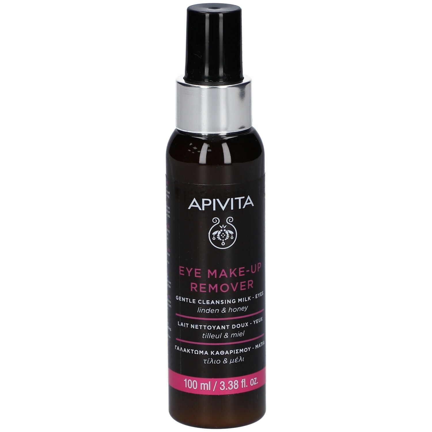 APIVITA Eye Make-up Remover. Flacone marrone, tappo nero. Testo: Gentle Cleansing Milk - Eyes. 100 ml.