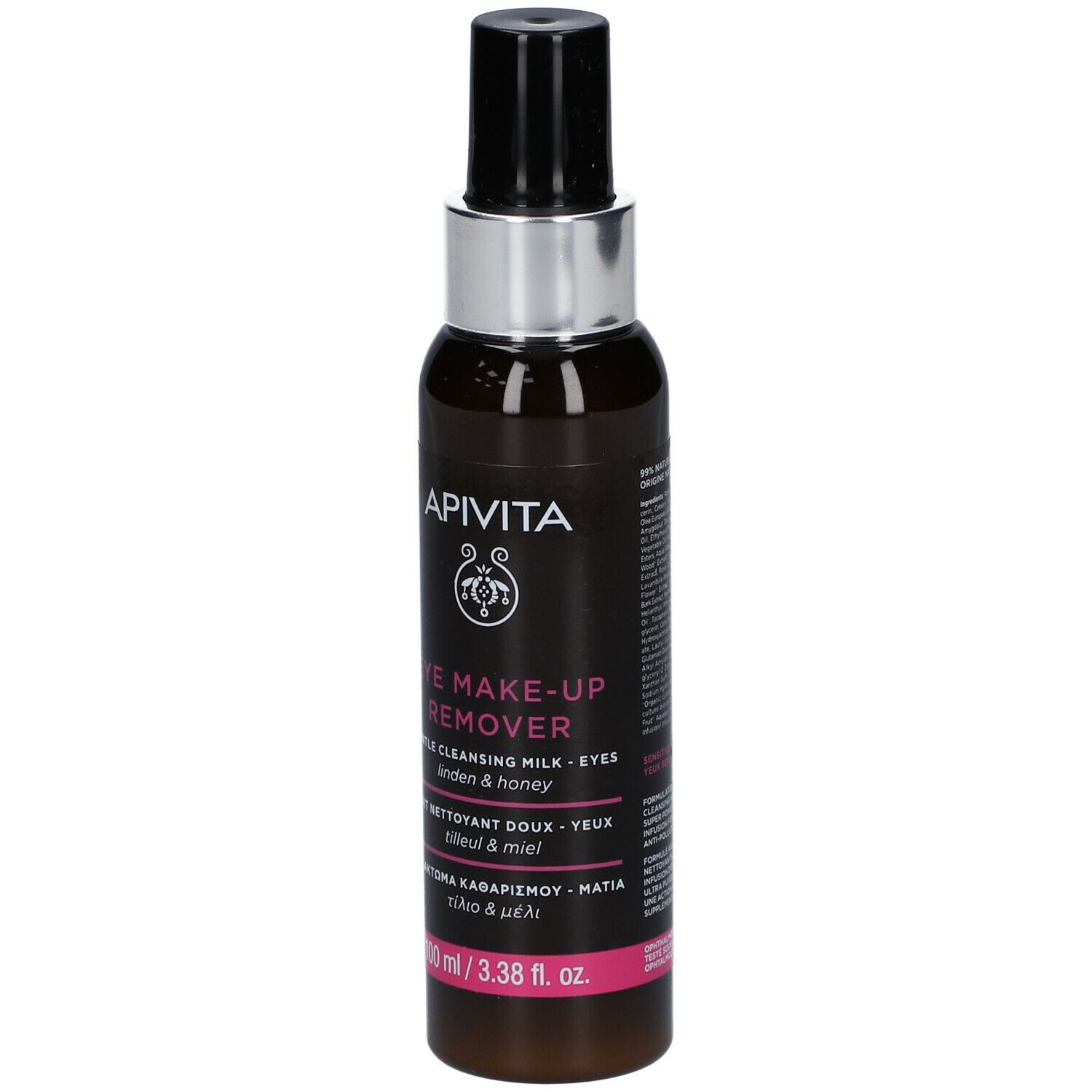 APIVITA Eye Make-up Remover. Flacone marrone, tappo nero. Testo: Gentle Cleansing Milk - Eyes. 100 ml.