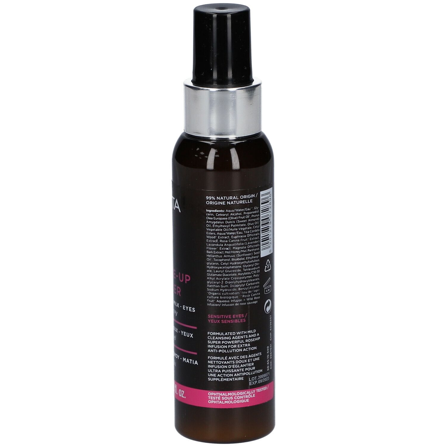 APIVITA Eye Make-up Remover. Retro del flacone. Testo multilingue. Etichetta rosa.