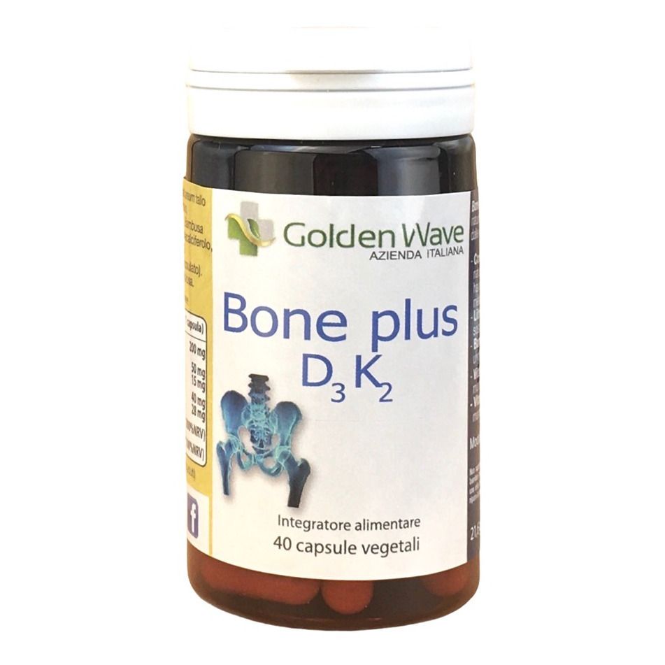 Flacone marrone con tappo bianco. Scritta: Bone plus D3K2. 40 capsule vegetali. Marchio: Golden Wave.