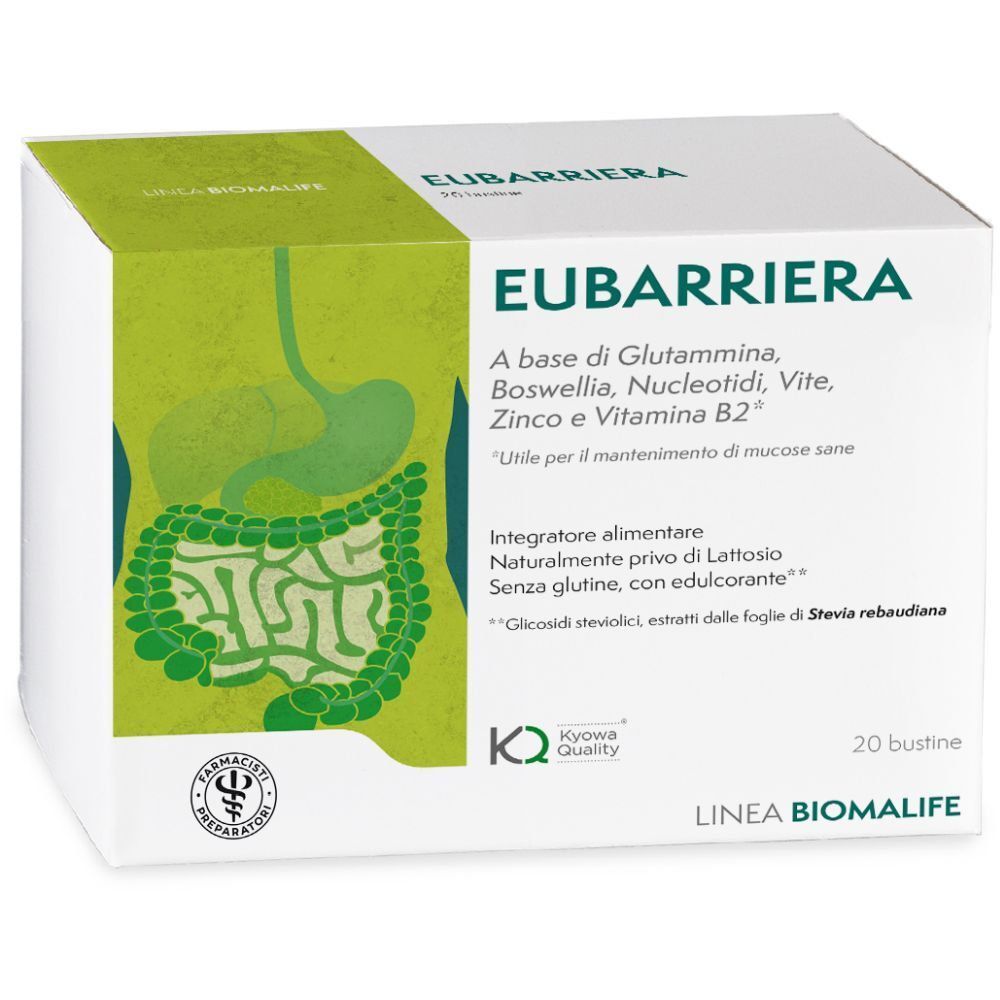 Scatola del prodotto con testo. Scritto: EUBARRIERA, ingredienti, 20 bustine. Logo e marchio: BIOMALIFE.