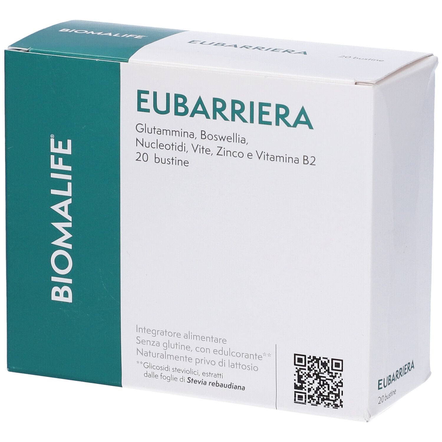 Scatola del prodotto con testo. Scritto: EUBARRIERA, ingredienti, 20 bustine. Logo e marchio: BIOMALIFE.