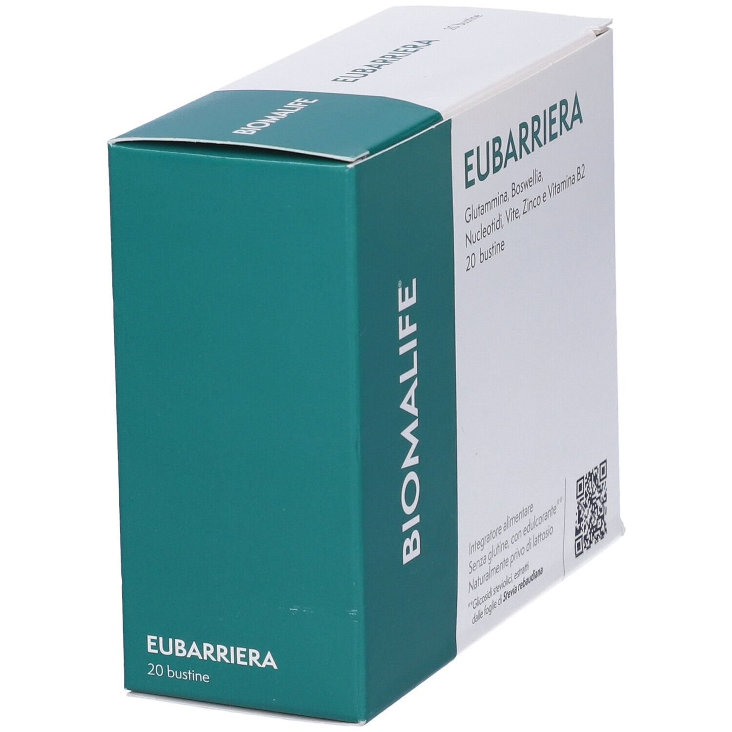 Scatola del prodotto con testo. Scritto: EUBARRIERA, ingredienti, 20 bustine. Logo e marchio: BIOMALIFE.