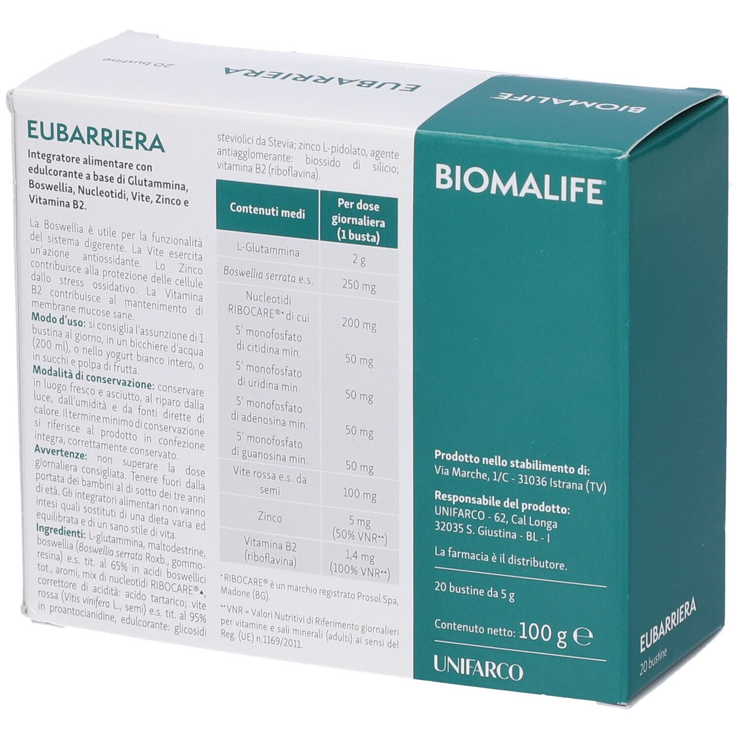 Confezione del prodotto con testo. Scritto: EUBARRIERA, ingredienti, 20 bustine, 100g. Logo e marchio: BIOMALIFE.