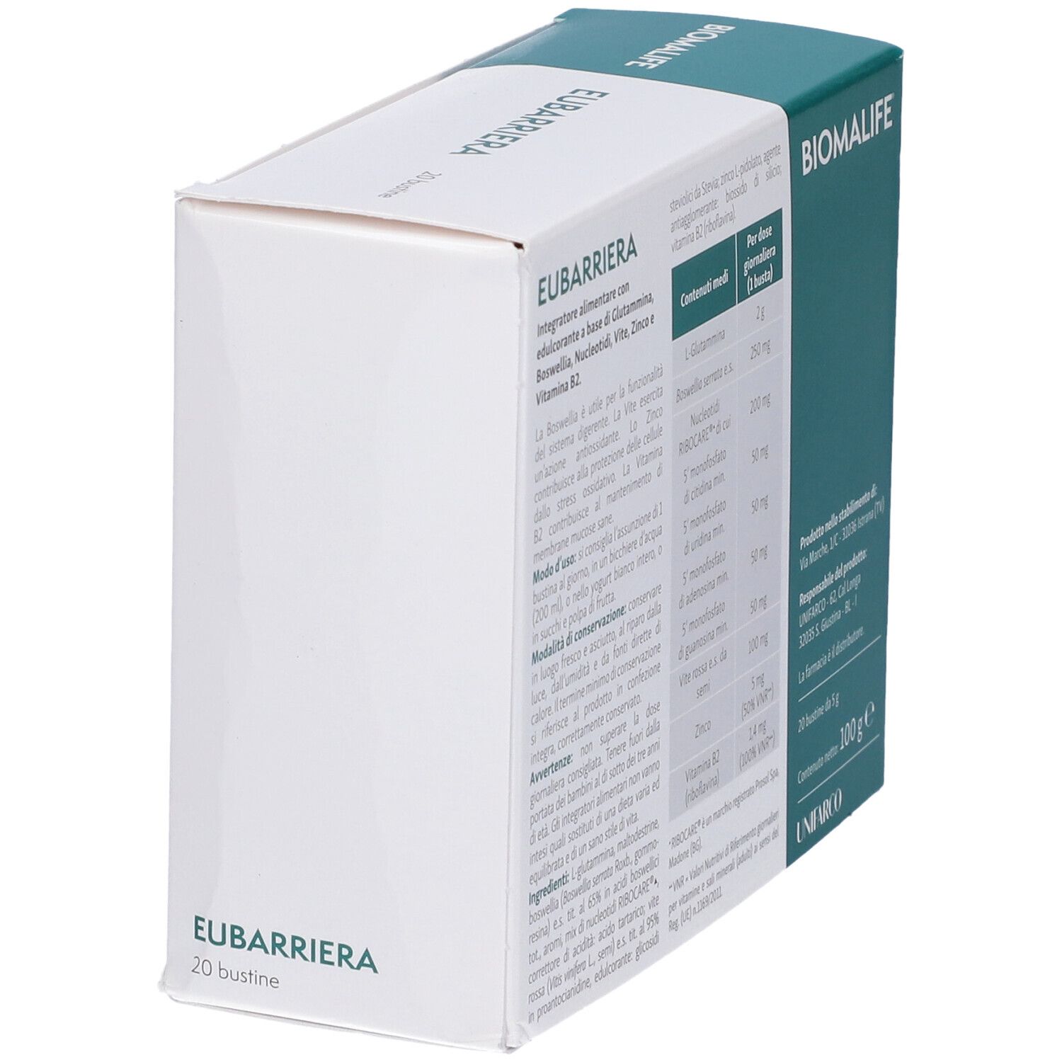 Confezione del prodotto con testo. Scritto: EUBARRIERA, ingredienti, 20 bustine, 100g. Logo e marchio: BIOMALIFE.