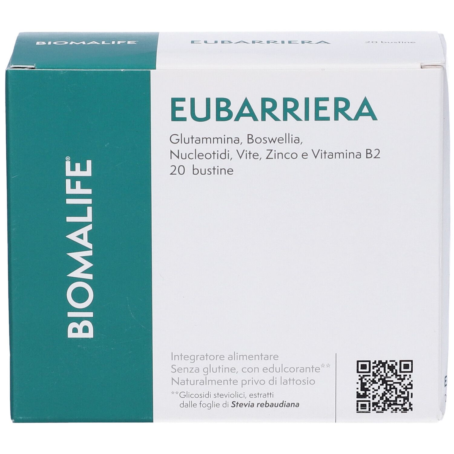 Scatola del prodotto con testo. Scritto: EUBARRIERA, ingredienti, 20 bustine. Logo e marchio: BIOMALIFE.