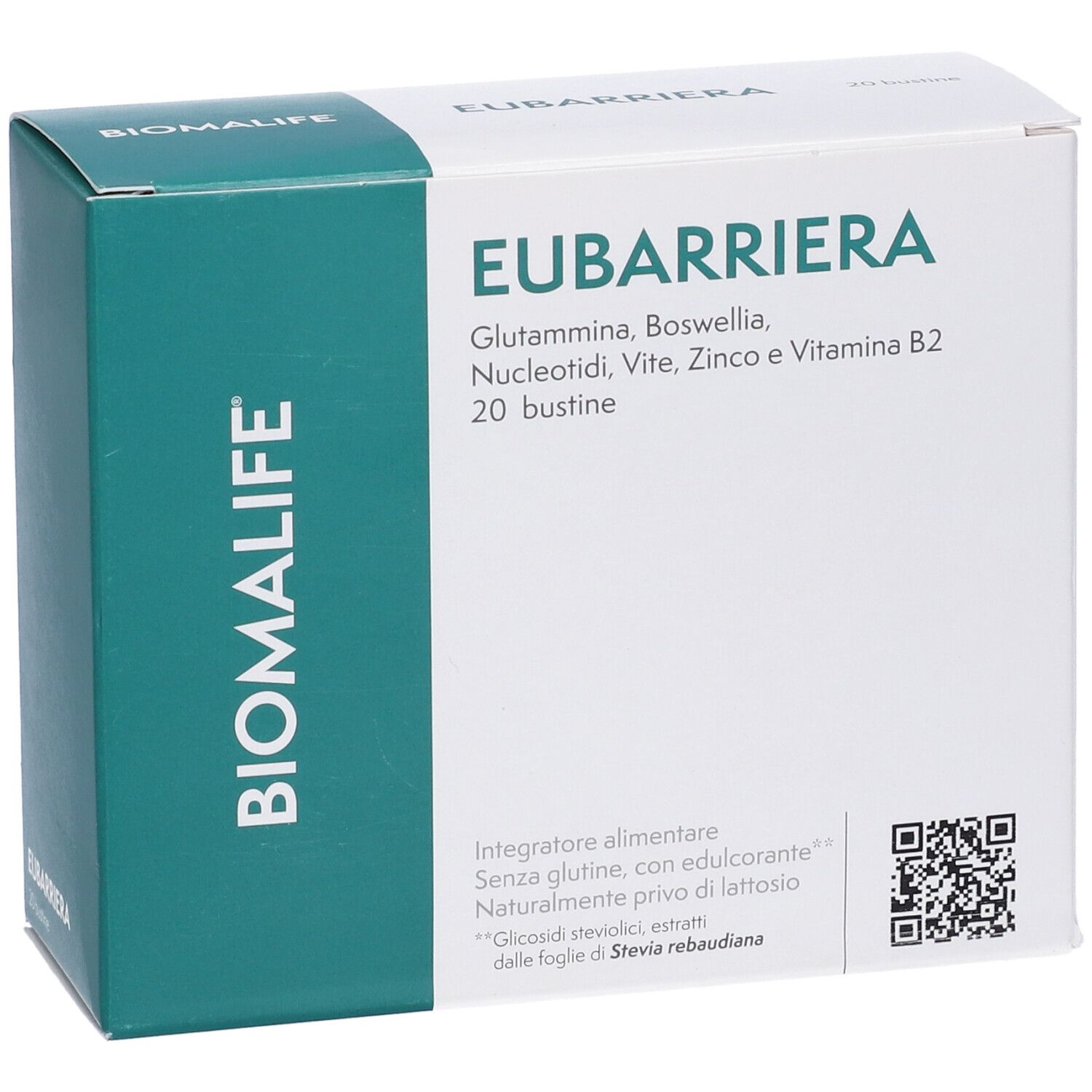 Scatola del prodotto con testo. Scritto: EUBARRIERA, ingredienti, 20 bustine. Logo e marchio: BIOMALIFE.