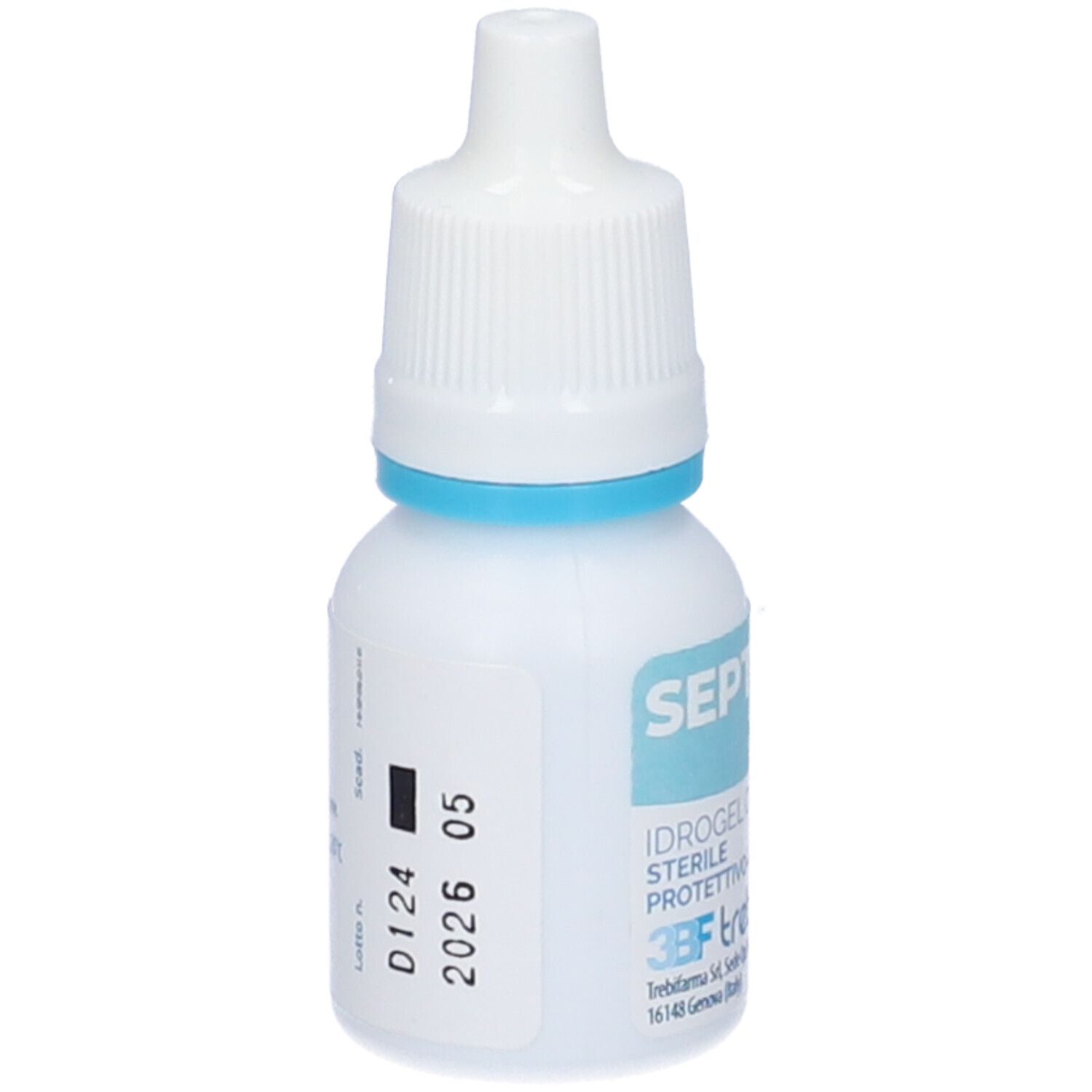 Flacone bianco di collirio con anello blu e tappo bianco. Scritta SEPTOSTIL e data di scadenza.