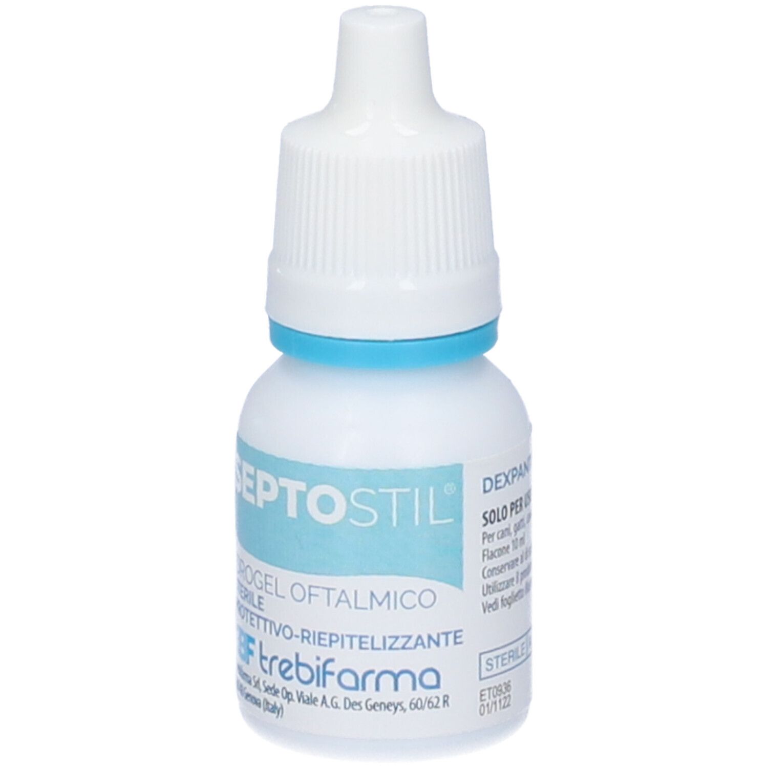 Flacone bianco di collirio con anello blu e tappo bianco. Scritta SEPTOSTIL e altre informazioni.