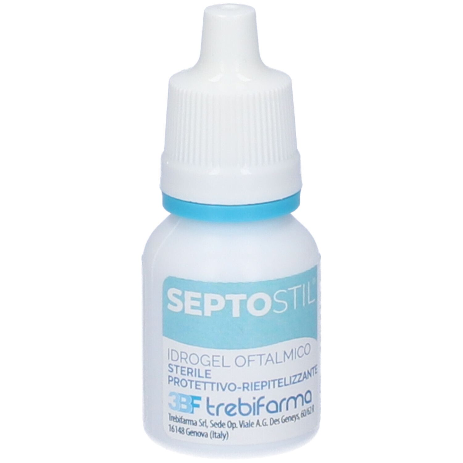 Flacone bianco di collirio con anello blu e tappo bianco. Scritta SEPTOSTIL e altre informazioni.