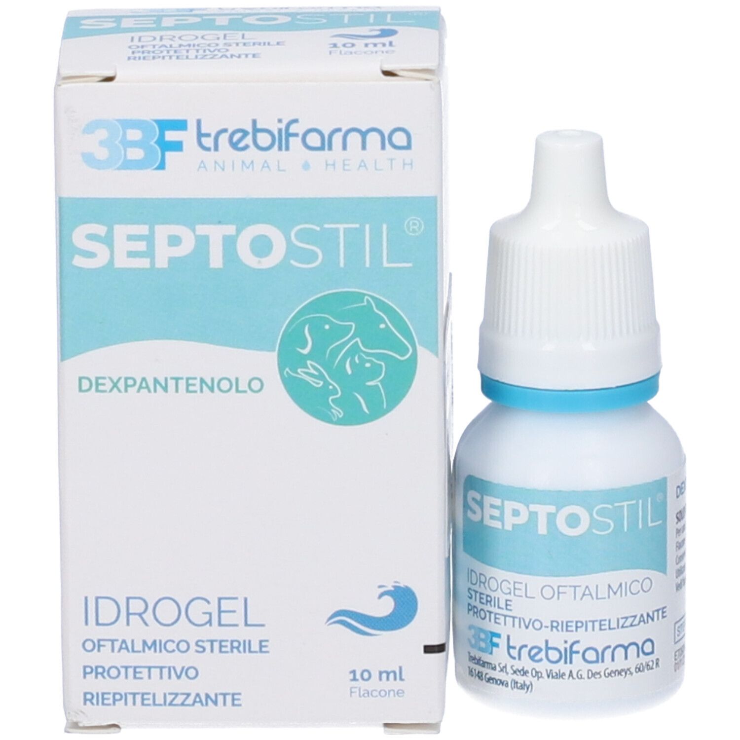 Confezione del prodotto e flacone di collirio. Scritta SEPTOSTIL, 3BF trebifarma e immagine di animali.