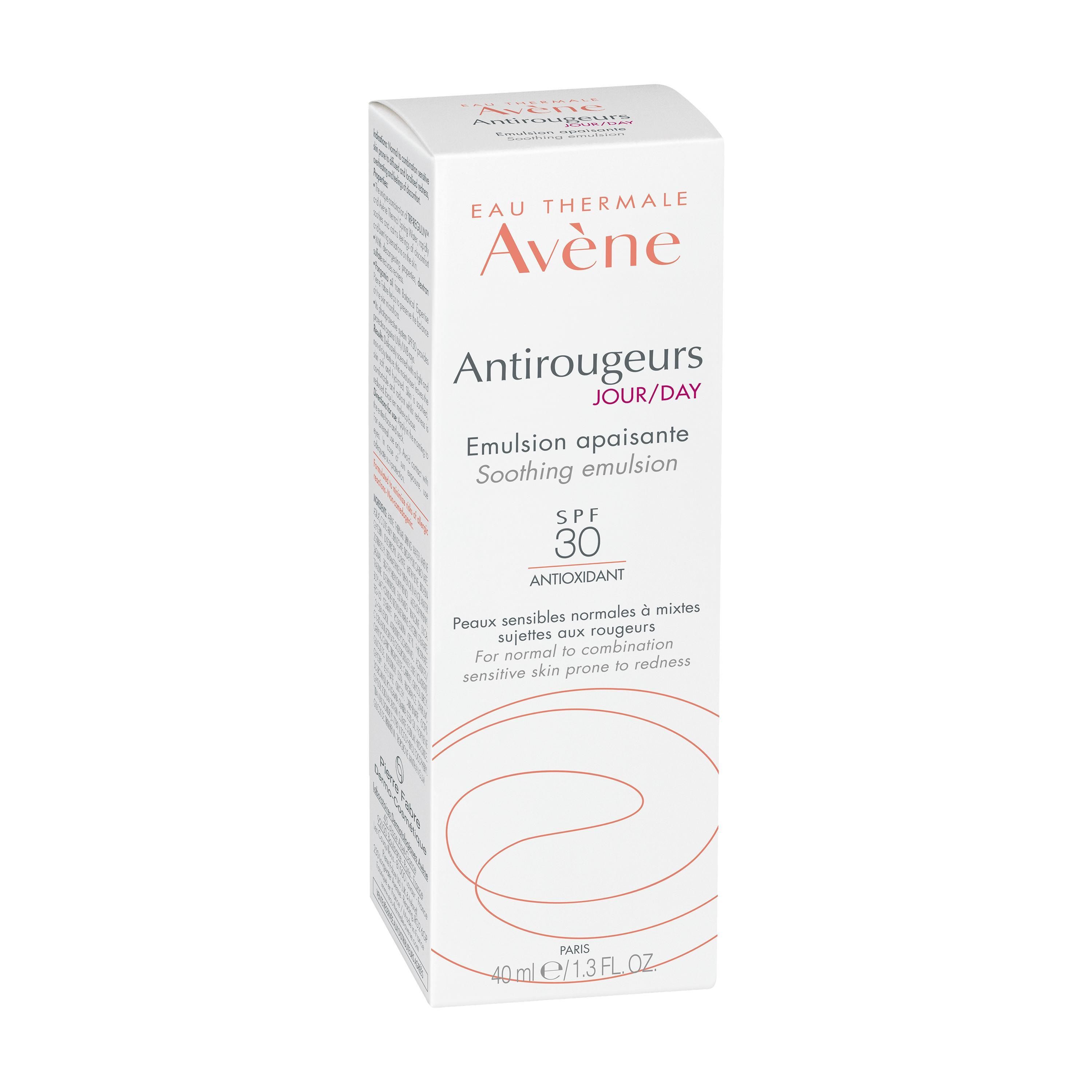 Emballage carton avec texte 'Eau Thermale Avène Antirougeurs Jour/Day Emulsion apaisante SPF 30'.