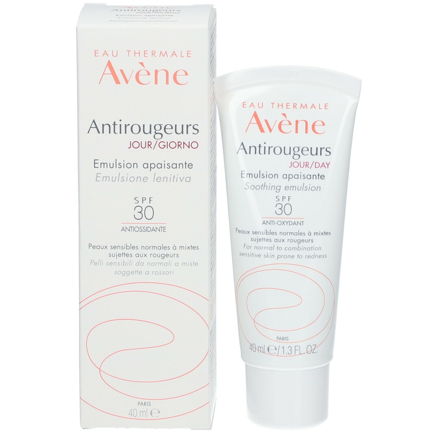 Emballage et tube côte à côte. Texte 'Eau Thermale Avène Antirougeurs Jour/Giorno Emulsion apaisante SPF 30'.