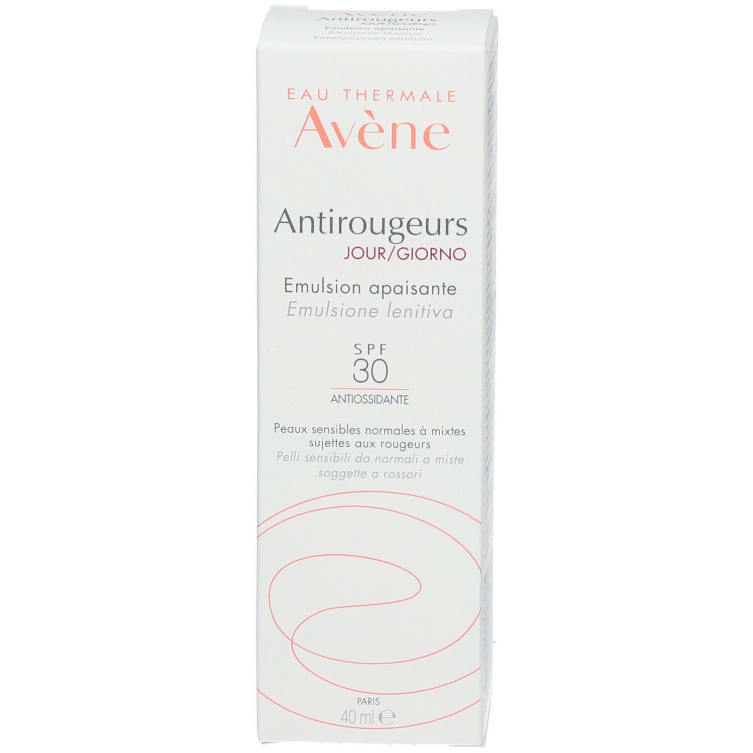 Emballage carton avec texte 'Eau Thermale Avène Antirougeurs Jour/Giorno Emulsion apaisante SPF 30'.