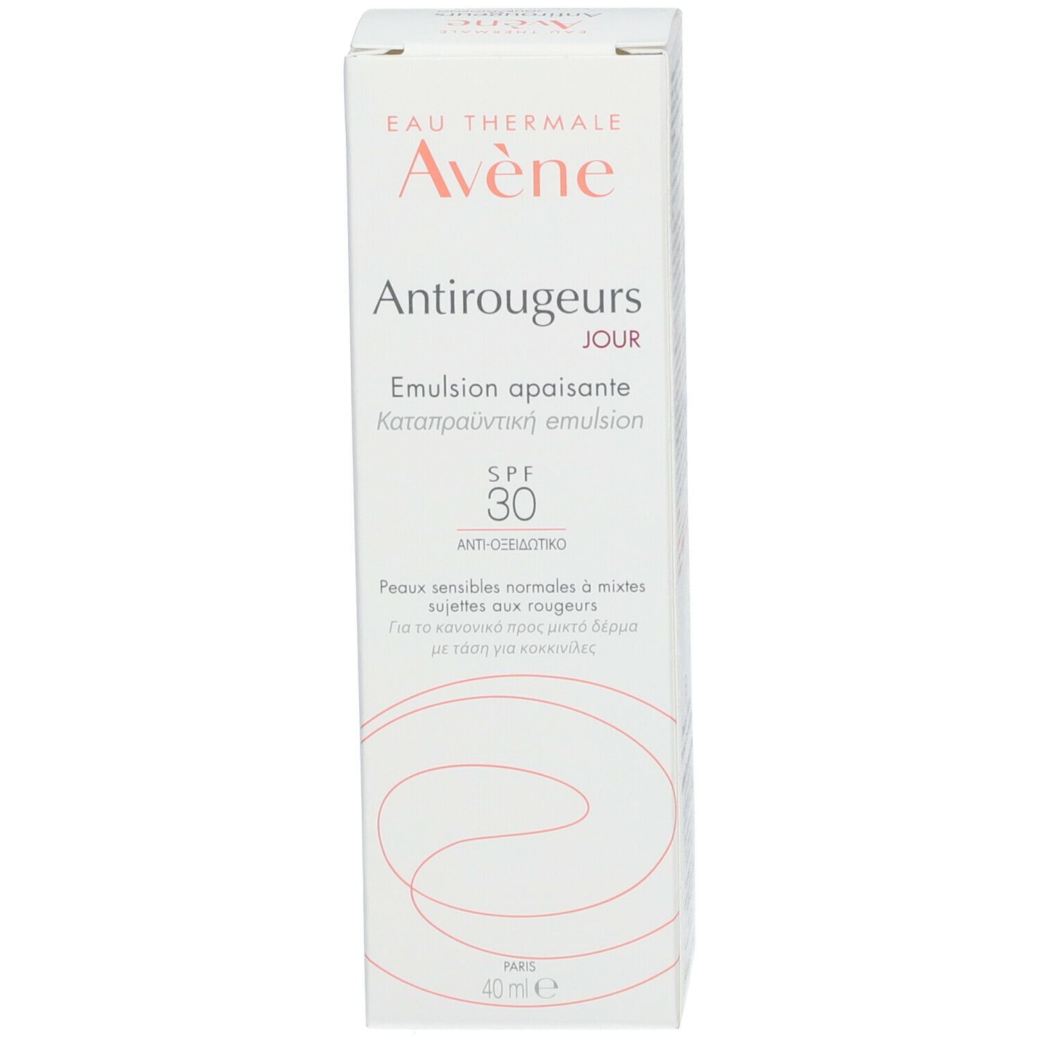Emballage carton avec texte 'Eau Thermale Avène Antirougeurs Jour Emulsion apaisante SPF 30'.