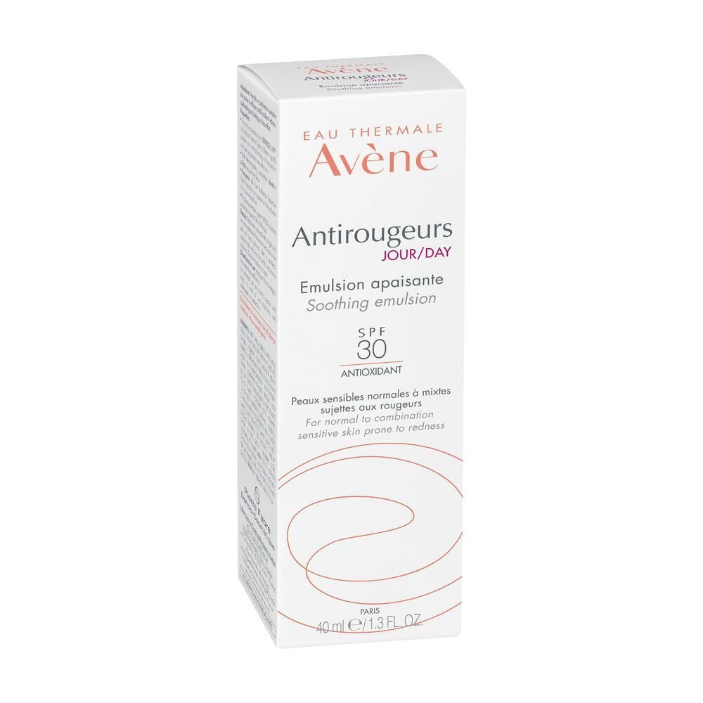 Emballage carton avec texte 'Eau Thermale Avène Antirougeurs Jour/Day Emulsion apaisante SPF 30'.