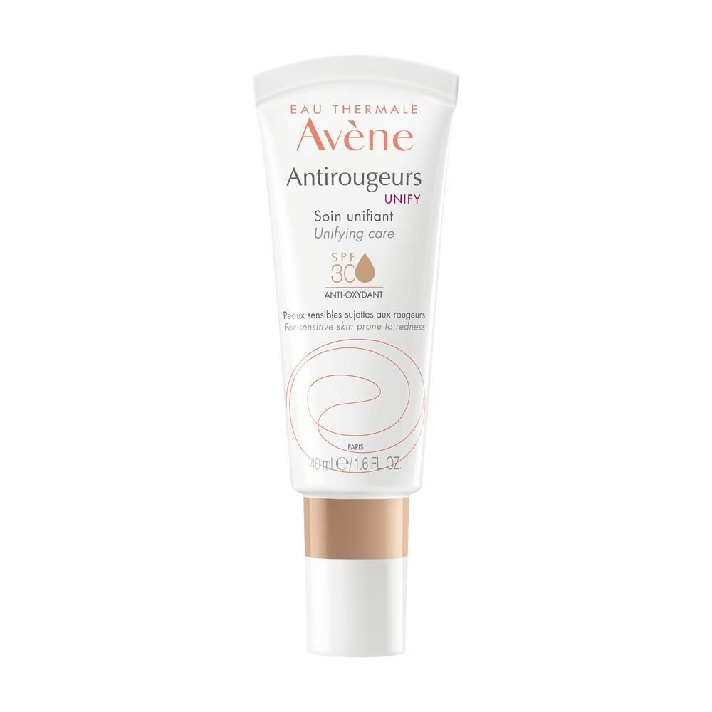 Avène Antirougeurs UNIFY. Tubo con testo, SPF 30. Tubo bianco, parte centrale marrone, tappo bianco.