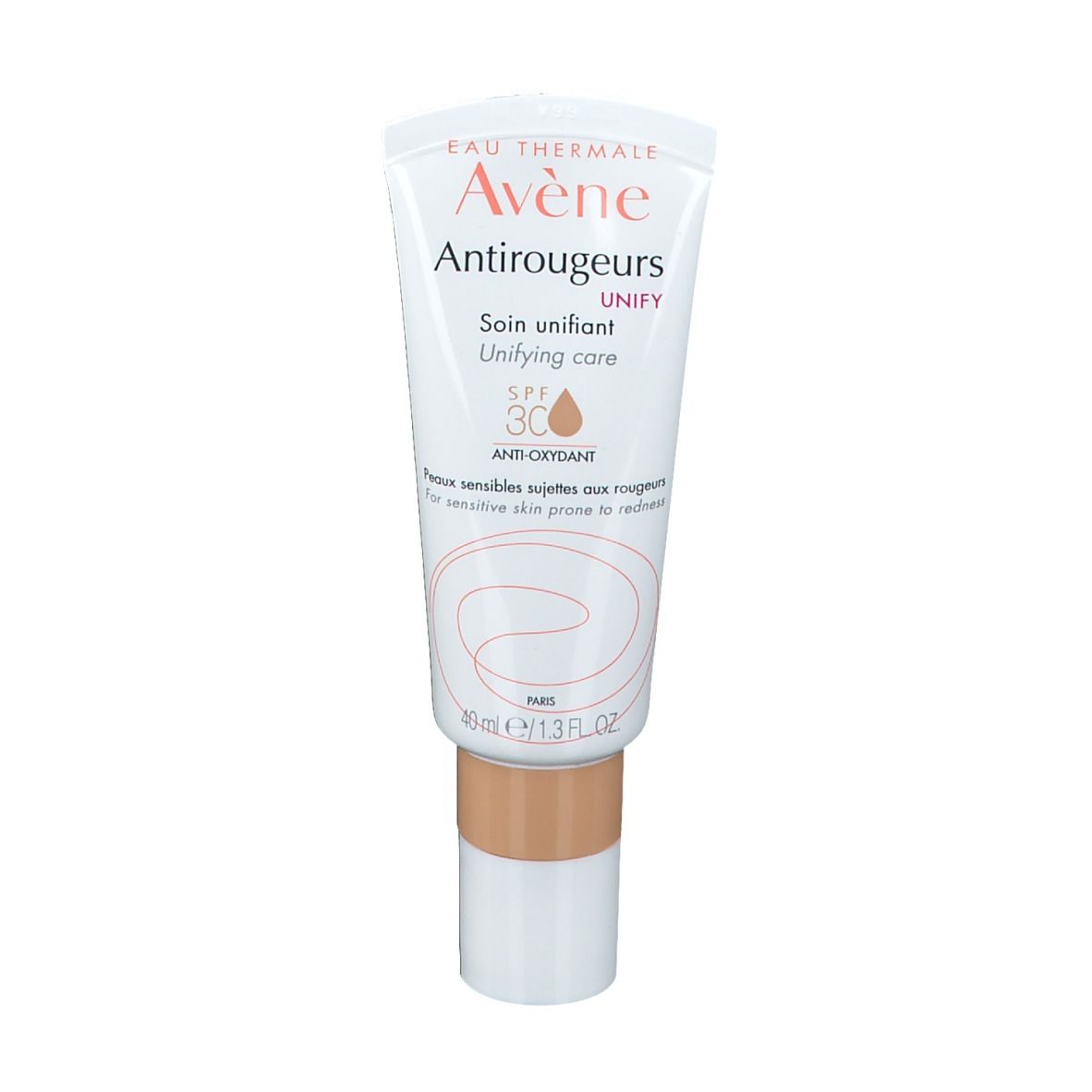 Avène Antirougeurs UNIFY. Tubo con testo, SPF 30. Tubo bianco, parte centrale marrone, tappo bianco.