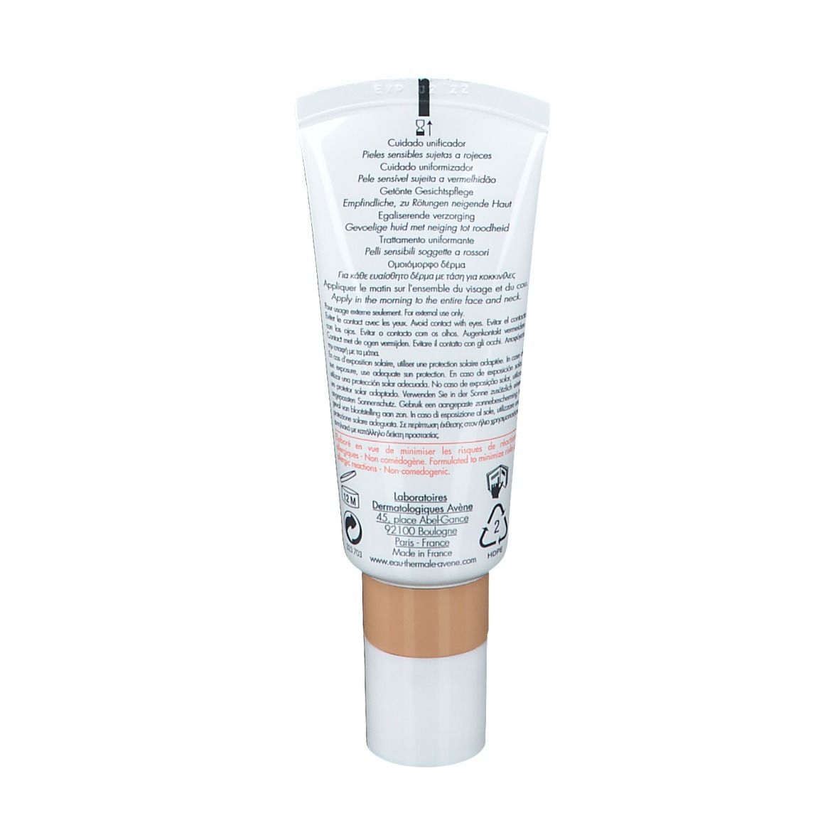 Retro del tubo Avène Antirougeurs UNIFY. Testo multilingue. Sfondo bianco con elementi marroni e neri.