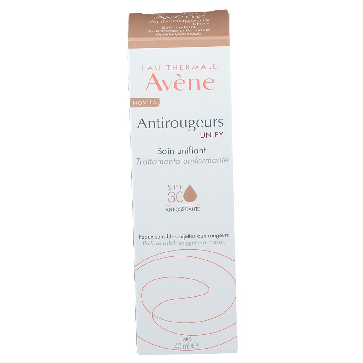 Confezione Avène Antirougeurs UNIFY. Scatola con nome e SPF 30. Scatola bianca con accenti marroni.