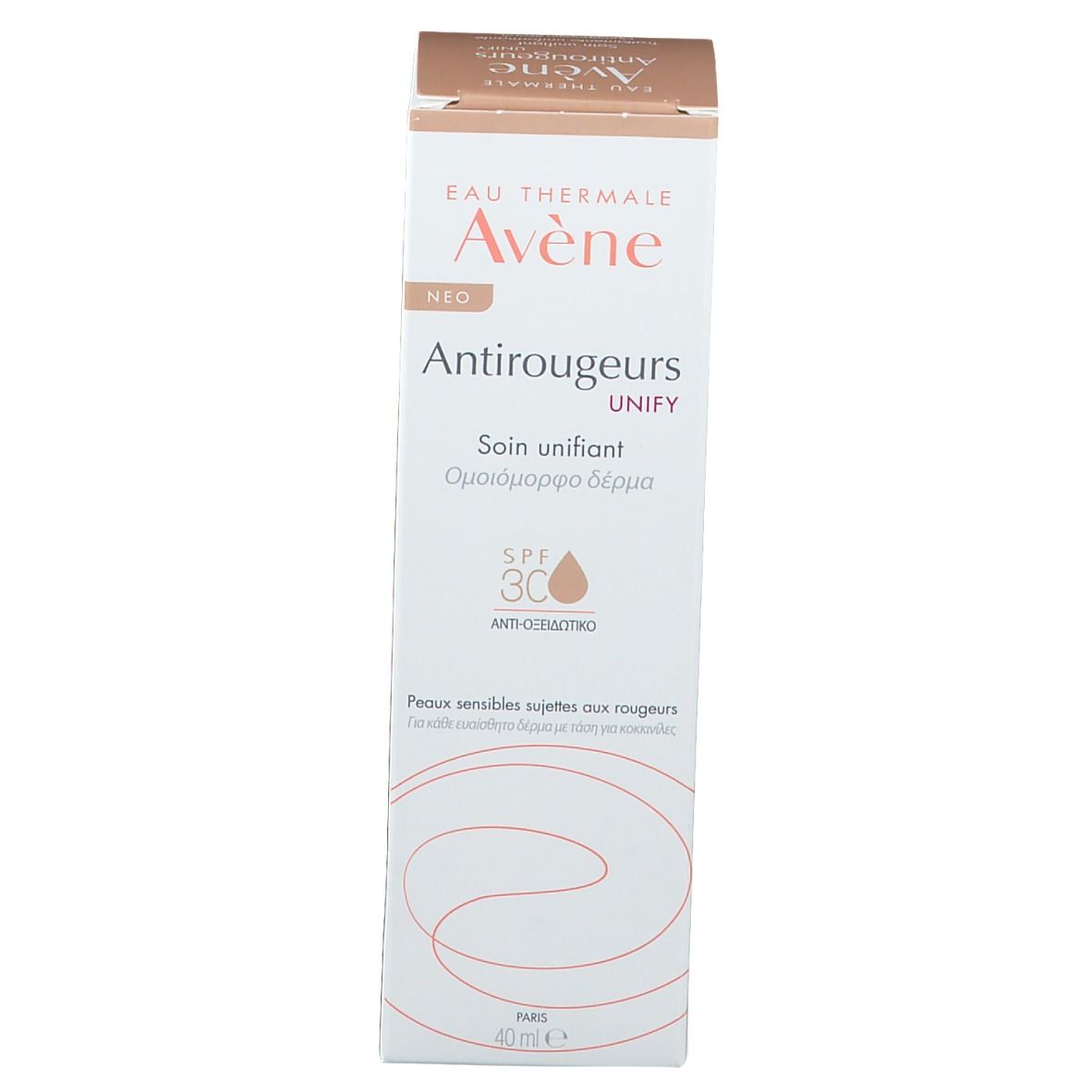 Confezione Avène Antirougeurs UNIFY. Scatola con informazioni sul prodotto. Scatola bianca con accenti marroni.