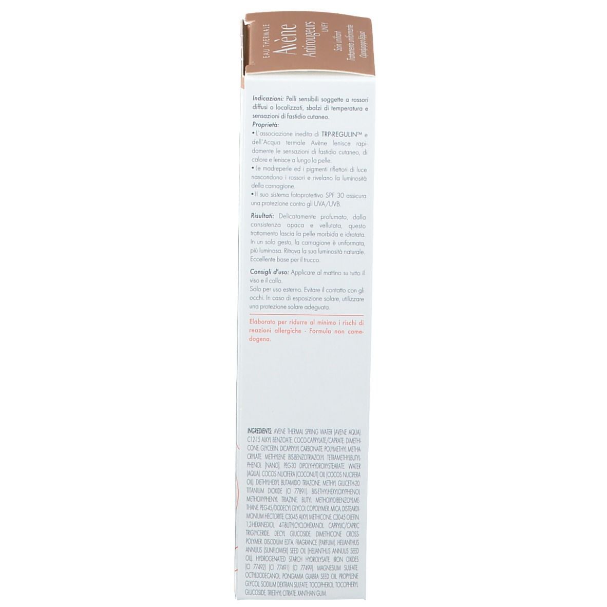 Confezione Avène Antirougeurs UNIFY. Scatola con informazioni sul prodotto. Scatola bianca con accenti marroni.