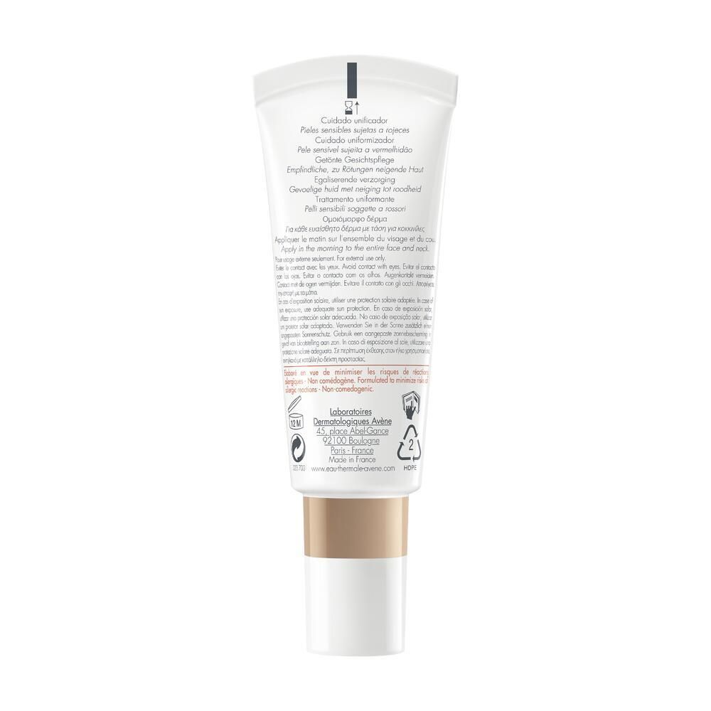 Retro del tubo Avène Antirougeurs UNIFY. Testo multilingue. Sfondo bianco con elementi marroni e neri.