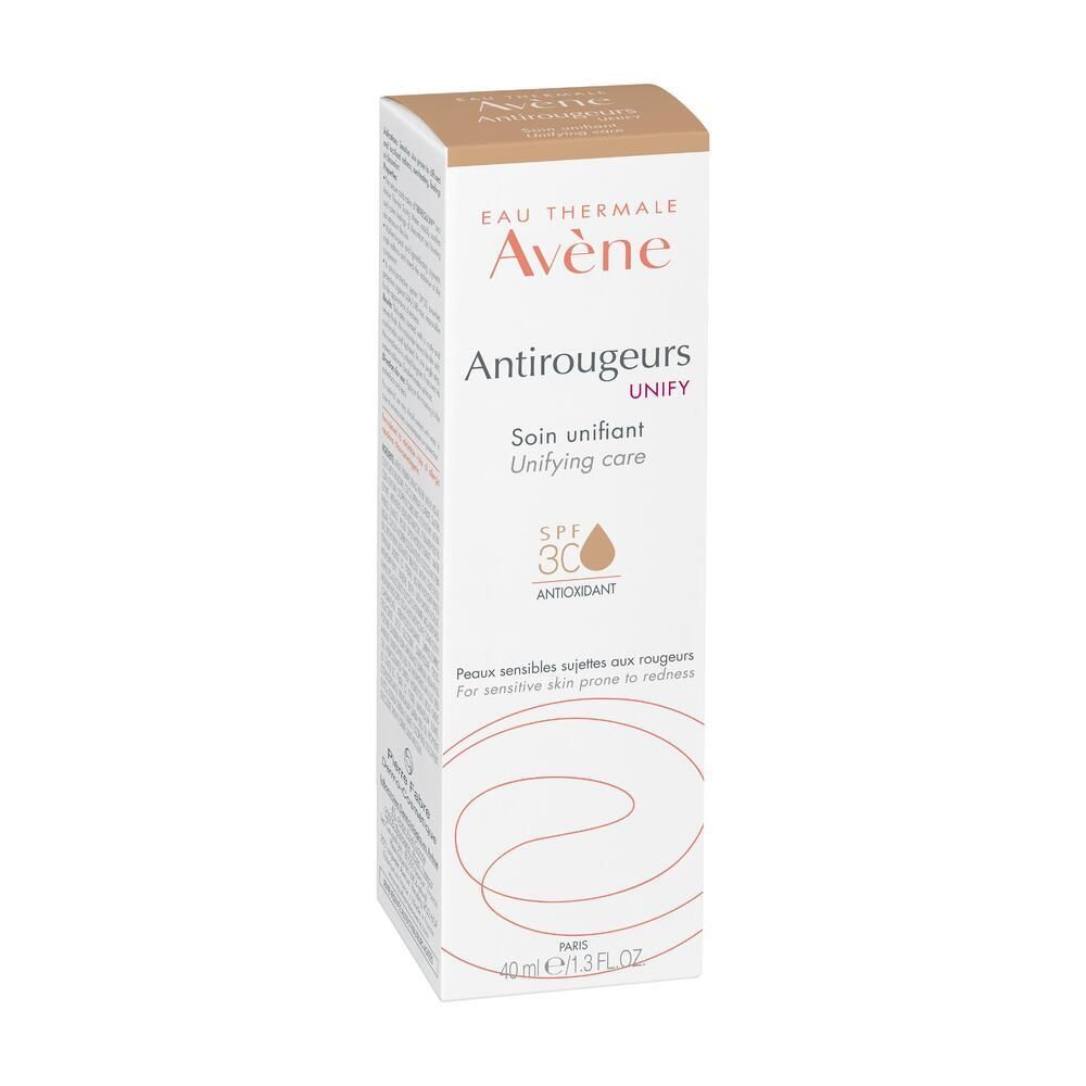 Avène Antirougeurs UNIFY in confezione. Scatola con nome e SPF 30. Scatola bianca con accenti marroni.