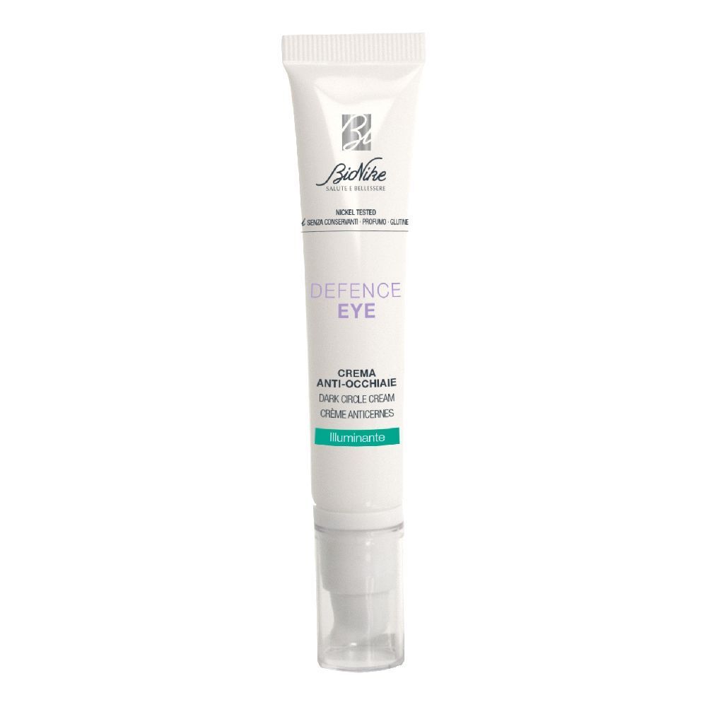 Tubo bianco con crema. Scritta: Defence Eye, crema anti-occhiaie. Marchio BioNike.