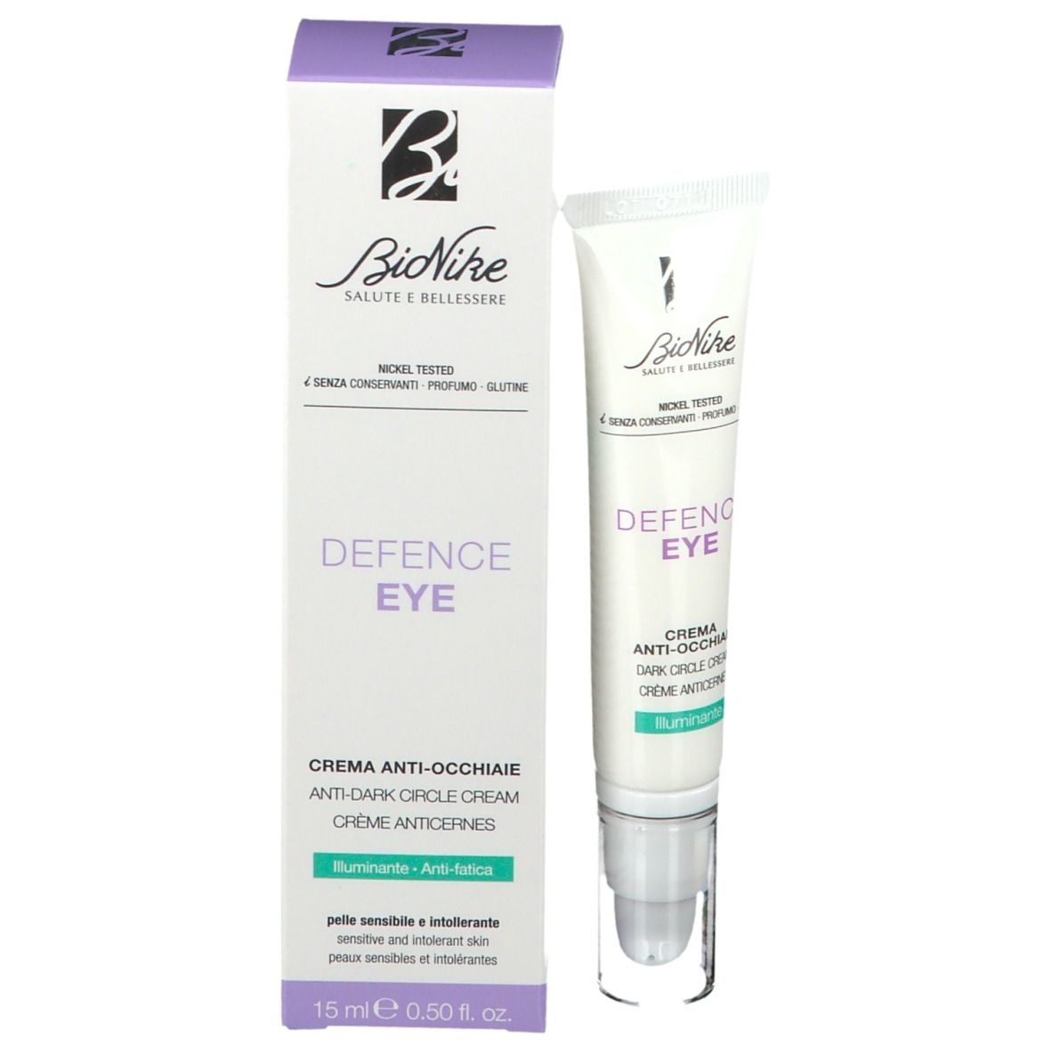 Confezione del prodotto con tubetto. Scritta: Defence Eye, crema anti-occhiaie. Marchio BioNike.