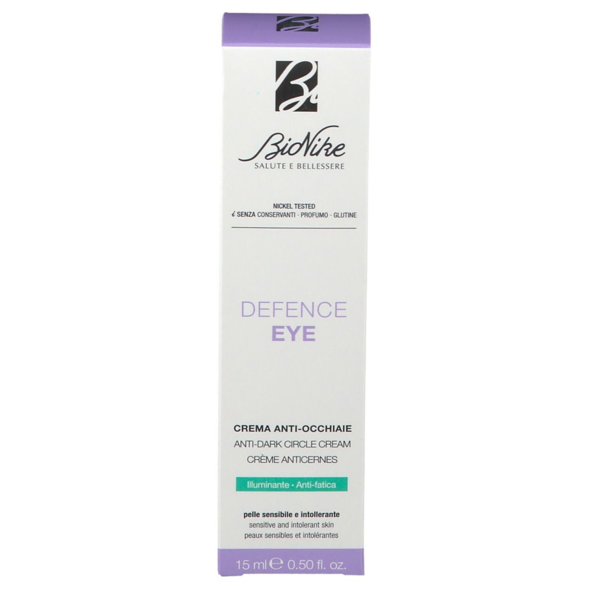 Confezione del prodotto. Scritta: Defence Eye, crema anti-occhiaie. Marchio BioNike.