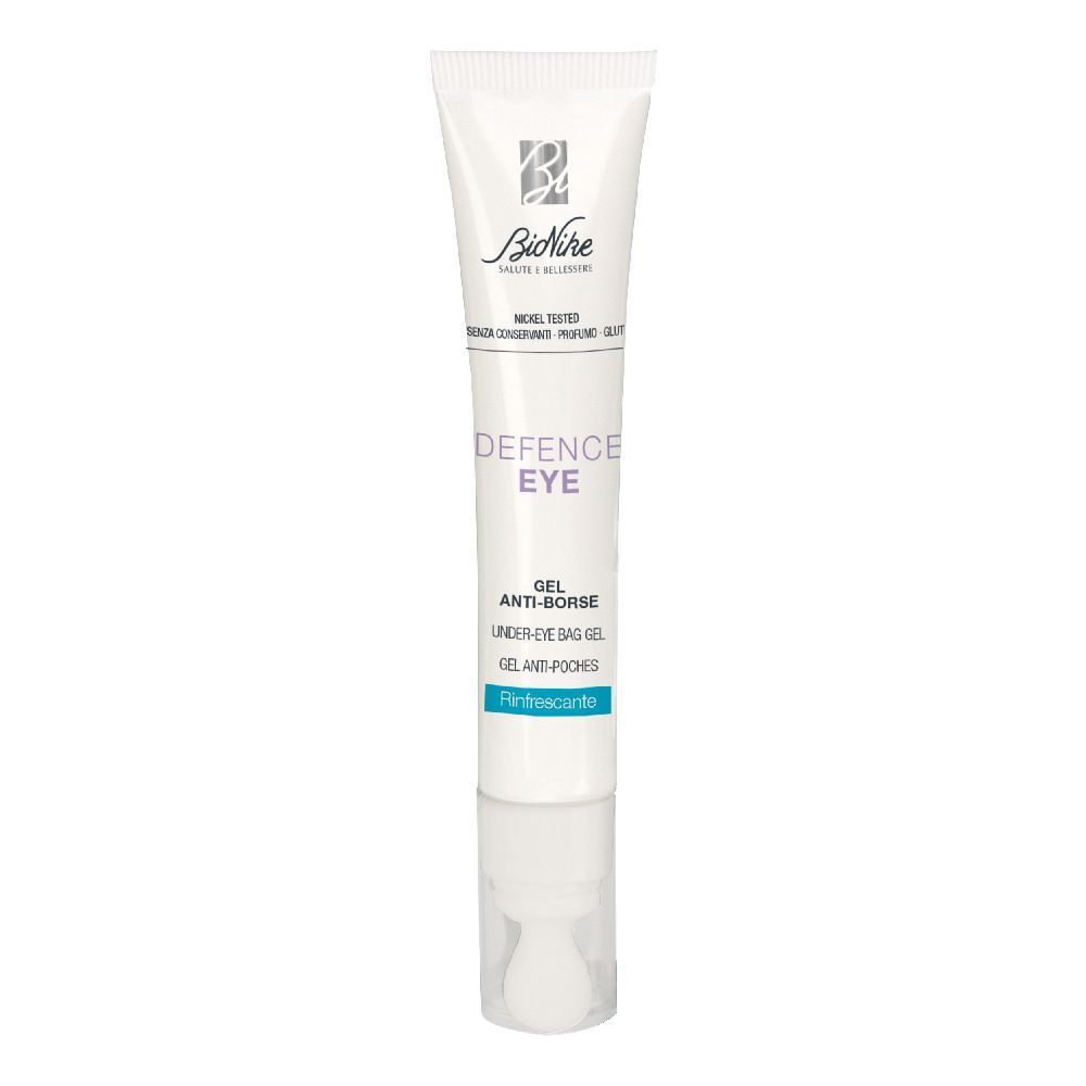 Tubo bianco con nome del prodotto e marchio. Scritta: Defence Eye Gel Anti-Borse. Con applicatore.