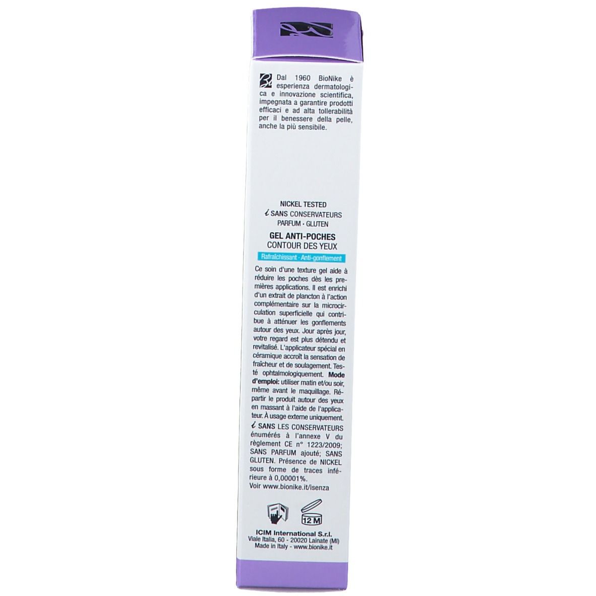 Confezione del prodotto, retro. Testo multilingue. Nome del prodotto: Gel Anti-Borse. Marchio: BioNike.